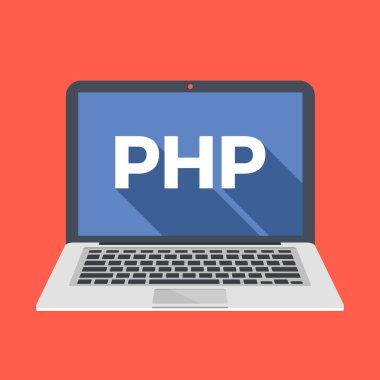 Ekranda Php kelime ile Laptop. Php ve arka uç web geliştirme, kodlama, programlama kavramları öğrenin. Trendy uzun gölge düz tasarım. Renkli yaratıcı grafik öğeleri. Vektör çizimi