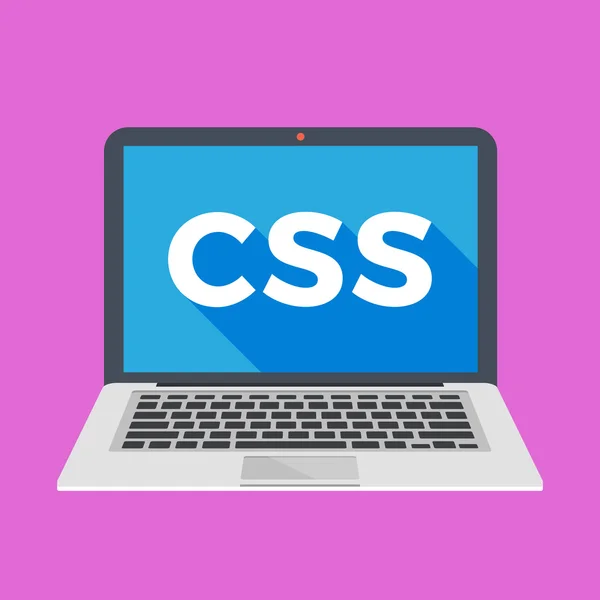 Laptop met CSS-woord op het scherm. Leer CSS, webontwikkeling, codering, programmeerconcepten. Trendy lange schaduw plat ontwerp. Kleurrijke creatieve grafische elementen. Vector illustratie — Stockvector