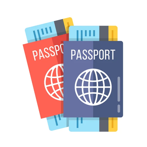 Dos pasaportes y tarjetas de embarque. 2 pasaportes rojos y azules diferentes con billetes de avión en el interior aislados sobre fondo blanco. Ilustración vectorial de diseño plano de calidad premium moderna — Vector de stock