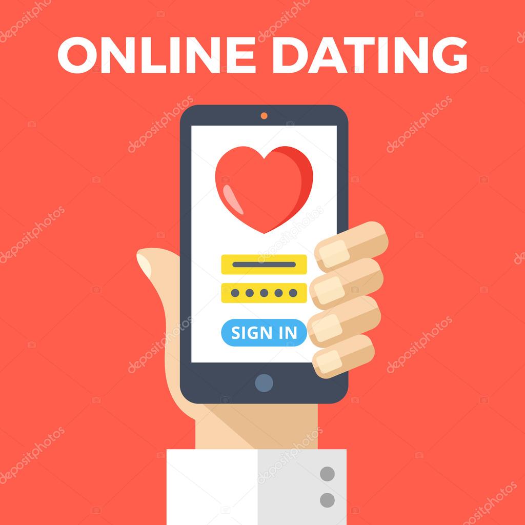 Online dating concept. Hand holding smartphone with online dating app login page. Modern graphic elements. Flat design vector illustration