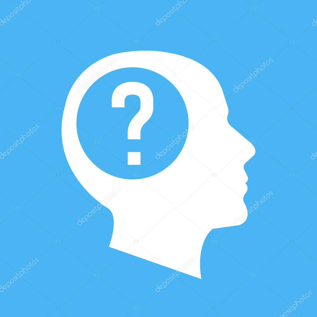 White human head, face profile silhouette with question mark. Flat design vector illustration isolated on blue background