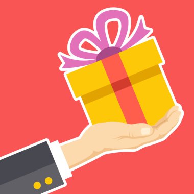 Hediye kutusu tutan el. Tebrikler, almak veya vermek giftbox, sürpriz, Noel hediyesi kavramları. Beyaz çizgi düz tasarım. Modern vektör çizim