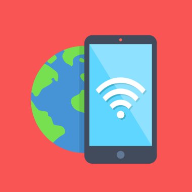 Vektör smartphone kablosuz simgesi ekran ve gezegen yeryüzündeki ile. Modern düz tasarım konsepti