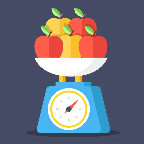 Vector Keukenweegschaal en appels. Kleurrijke platte concept illustratie — Stockvector