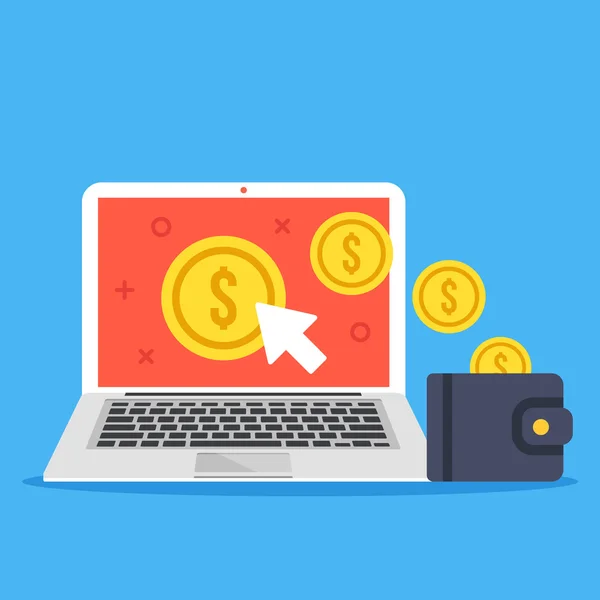 Pay per click, make money online concepts. Laptop, mouse cursor, gold coins and wallet. Modern flat design graphic elements isolated on blue background. Creative vector illustration — Stock Vector