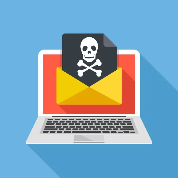 Laptop y sobre con documento negro e icono de cráneo. Virus, malware, fraude de correo electrónico, spam por correo electrónico, estafa de phishing, concepto de ataque de hacker. Gráfico de diseño plano de moda con sombra larga. Ilustración vectorial — Vector de stock