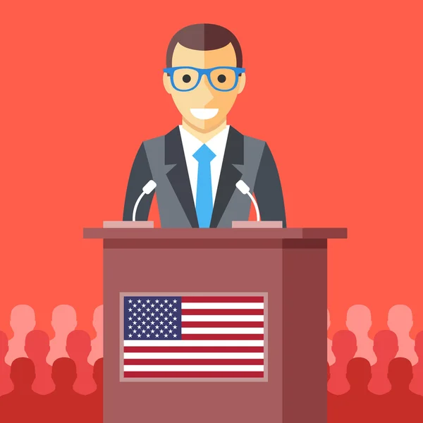 アメリカの国旗と演壇でスピーチを与える男。男性キャラクターは、アメリカの国旗を使用して木製の表彰台トリビューン。大統領演説、選挙の討論、大統領キャンペーンの概念。フラットなデザインのベクトル図 — ストックベクタ