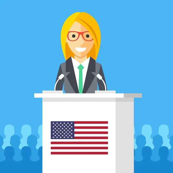 アメリカの国旗と演壇でスピーチを与える女性。女性キャラクター、白い表彰台トリビューン、アメリカの国旗。大統領演説、選挙の討論、大統領選挙の概念。フラットのベクトル図 — ストックベクタ