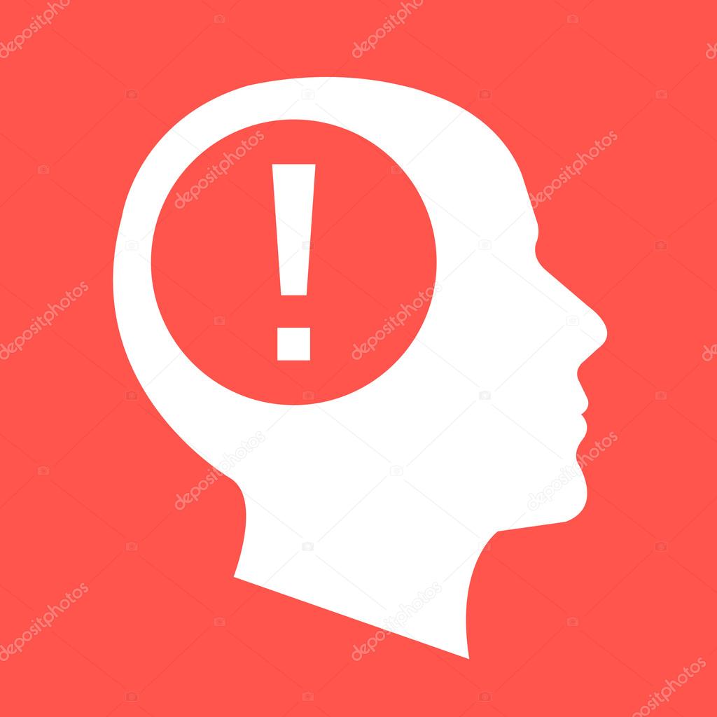 White human head, face profile silhouette with exclamation point. Flat design vector illustration isolated on red background