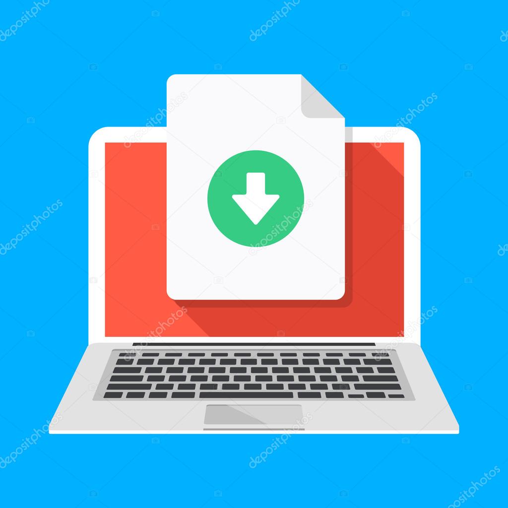 Laptop and download file icon. Document downloading concept. Trendy flat design graphic with long shadow. Vector illustration