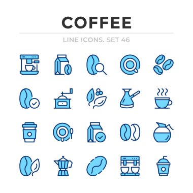 Kahve vektör çizgisi simgeleri ayarlandı. İnce çizgi tasarımı. Taslak grafik elementler, basit vuruş sembolleri. Kahve simgeleri