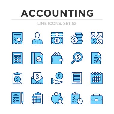 Muhasebe vektör çizgisi simgeleri ayarlandı. İnce çizgi tasarımı. Taslak grafik elementler, basit vuruş sembolleri. Muhasebe simgeleri