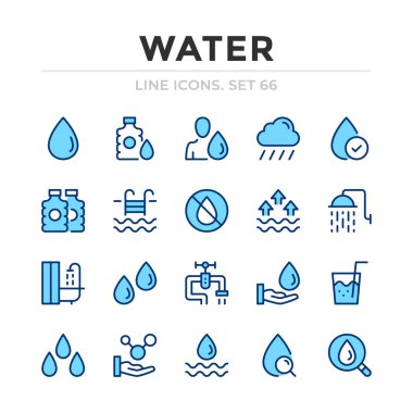 Su vektör çizgisi simgeleri ayarlandı. İnce çizgi tasarımı. Taslak grafik elementler, basit vuruş sembolleri. Su simgeleri