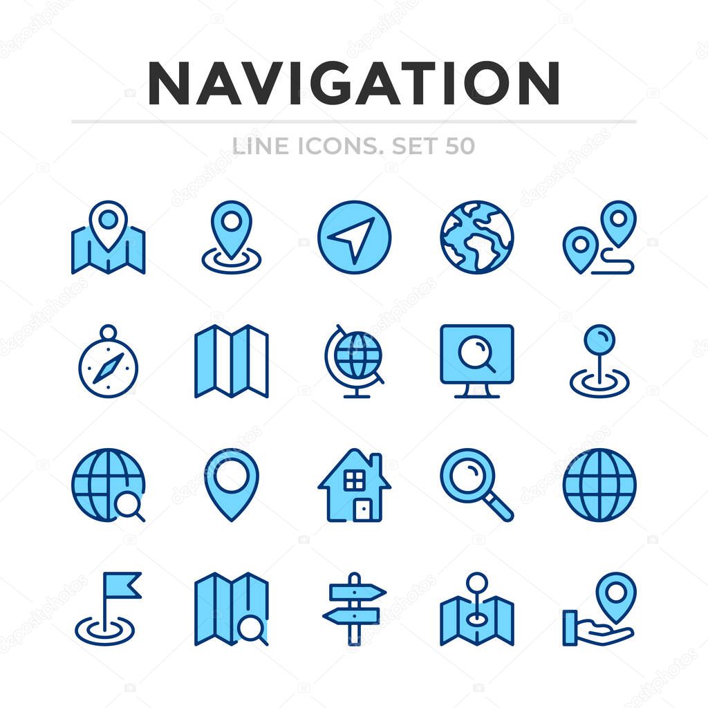 Navigation vector line icons set. Thin line design. Outline graphic elements, simple stroke symbols. Navigation icons