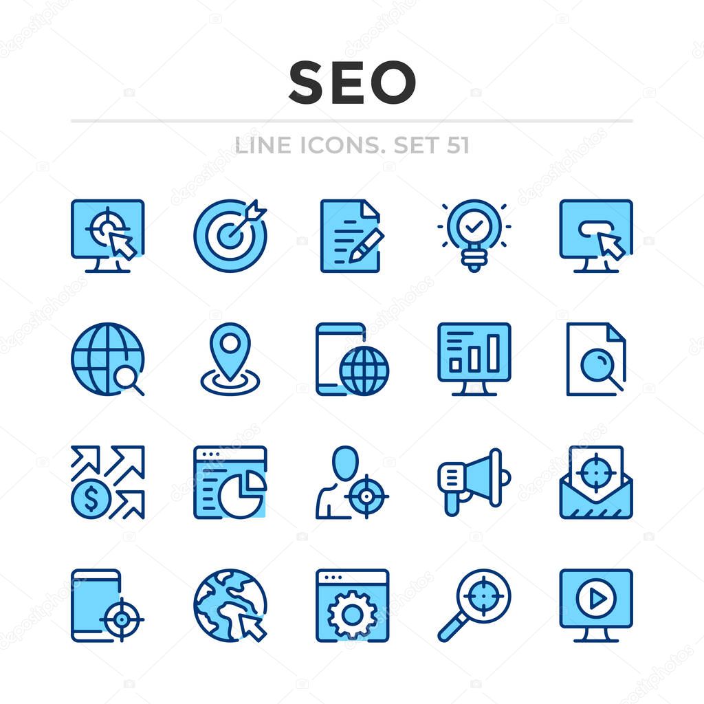 SEO vector line icons set. Thin line design. Outline graphic elements, simple stroke symbols. SEO icons