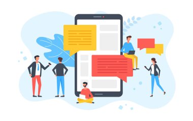 Sosyal medya. Cep telefonları ve dizüstü bilgisayarlar gibi çeşitli cihazları olan bir grup insan. Çevrimiçi mesajlaşma, mesajlaşma, sohbet, teknoloji, iletişim kavramları. Modern düz tasarım. Vektör illüstrasyonu