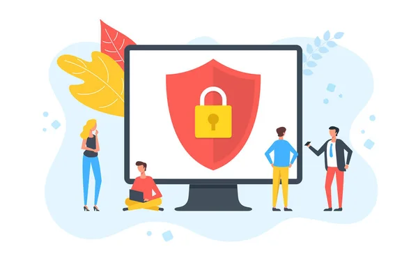 Seguridad Datos Gente Computadora Con Escudo Cerradura Seguridad Informática Protección — Archivo Imágenes Vectoriales