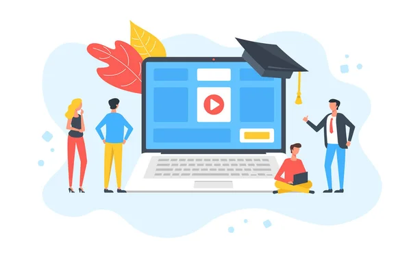 Ηλεκτρονική Εκπαίδευση Ομάδα Ανθρώπων Και Laptop Ιστοσελίδα Και Εκπαιδευτικά Βίντεο — Διανυσματικό Αρχείο