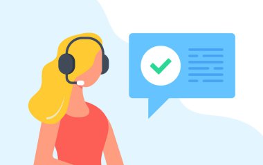 Müşteri temsilcisi ve işaretli mesaj. Teknik destek, doğrulama, çözüm, çağrı merkezi, online yardım kavramları. Kulaklıklı kadın. Modern düz tasarım. Vektör illüstrasyonu