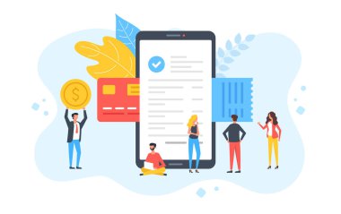 Cep telefonu ödemesi. Bir grup insan ve cep telefonu, kredi kartı, makbuz ve altın para. Modellik, para transferi, akıllı telefon ve ticari konseptlerle ödeme. Modern düz tasarım. Vektör illüstrasyonu