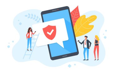 Gezici güvenlik. Bir grup insan cep telefonu cihazı ve kalkanları ekranda işaretli. Veri koruması, akıllı telefon güvenliği, mahremiyet, kilitli telefon konsepti. Modern düz tasarım. Vektör illüstrasyonu