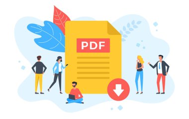 PDF dosyası indir. PDF belgesi ve indirme düğmesi olan bir grup insan. Modern düz tasarım. Vektör illüstrasyonu
