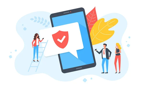 Sécurité Mobile Groupe Personnes Appareil Téléphone Mobile Bouclier Avec Coche Graphismes Vectoriels