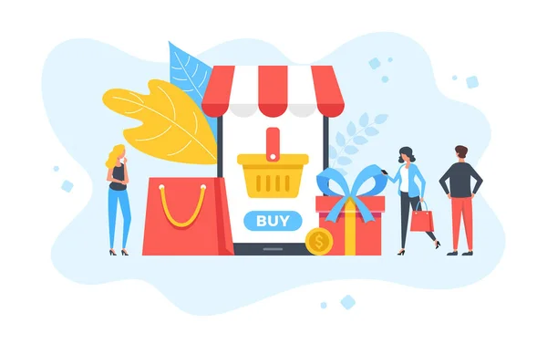 Shopping Mobile Personnes Téléphone Portable Avec Page Site Paiement Panier Illustration De Stock