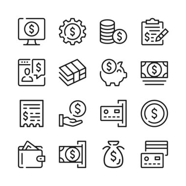 Para çizgisi simgeleri ayarlandı. Modern grafik tasarım kavramları, basit ana hatlar ögeleri koleksiyonu. Vektör satırı simgeleri