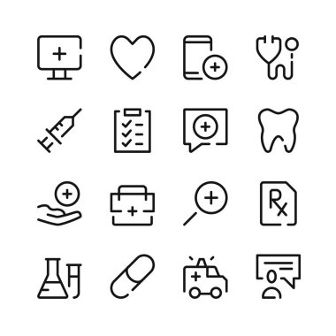 Sağlık hizmetleri ikonları. Vektör çizgisi simgeleri. Basit özet sembolleri ayarlandı