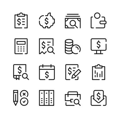 Muhasebe simgeleri. Vektör çizgisi simgeleri. Basit özet sembolleri ayarlandı