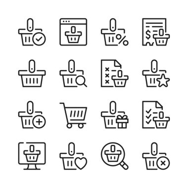 Alışveriş sepeti çizgisi simgeleri ayarlandı. Modern grafik tasarım kavramları, basit ana hatlar ögeleri koleksiyonu. Vektör satırı simgeleri