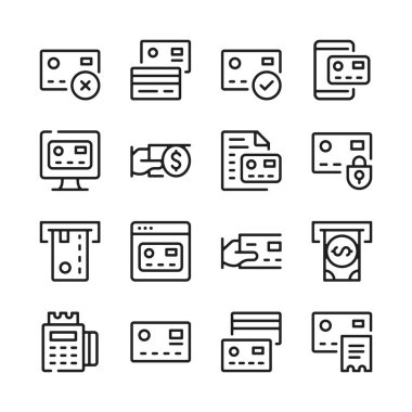 Kredi kartı çizgisi simgeleri ayarlandı. Modern grafik tasarım kavramları, basit ana hatlar ögeleri koleksiyonu. Vektör satırı simgeleri