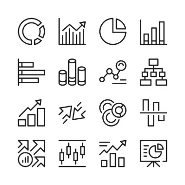 Grafik çizgisi simgeleri ayarlandı. Modern grafik tasarım kavramları, basit ana hatlar ögeleri koleksiyonu. Vektör satırı simgeleri