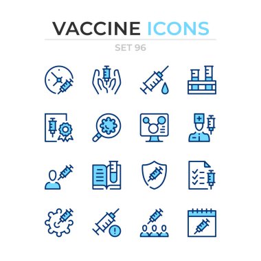 Aşı ikonları. Vektör çizgisi simgeleri ayarlandı. Birinci kalite. Basit ince çizgi tasarımı. Modern taslak semboller koleksiyonu, piktogramlar.