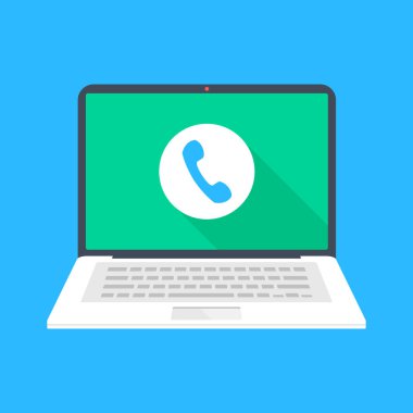 Laptop ve çağrı tuşu ekranda. Bilgisayar konseptlerinden telefon et. Modern düz tasarım grafik elementleri. Vektör illüstrasyonu
