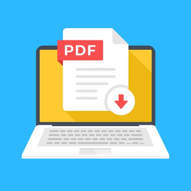 PDF belgesi indir. Dizüstü bilgisayardaki PDF dosyası. Bilgisayar dosya kavramları indiriliyor. Modern düz tasarım grafik elementleri. Vektör illüstrasyonu