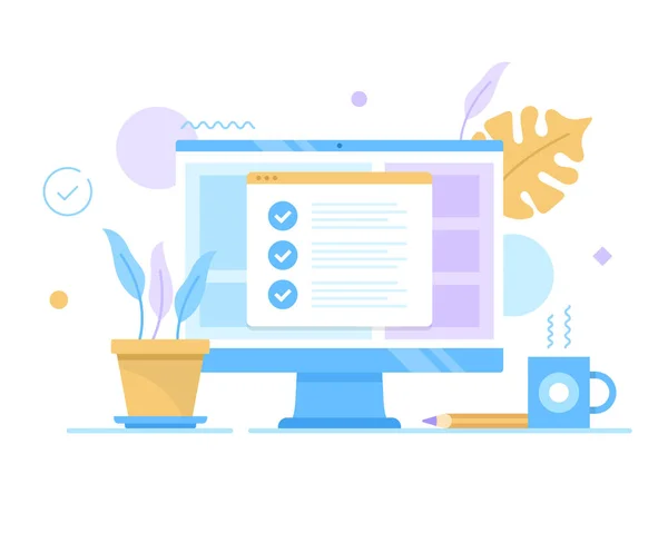 Checkliste Online Umfrage Vektorillustration Computer Mit Häkchen Auf Dem Bildschirm — Stockvektor