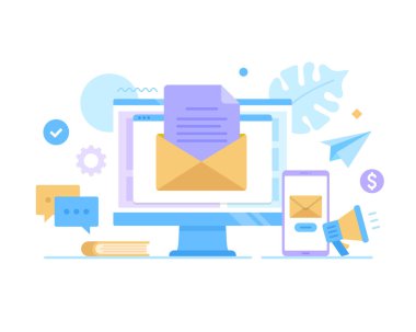 E-posta pazarlama. Bilgisayar ve cep telefonu ekranda zarf var. Dijital reklamcılık, e-posta pazarlama, promosyon, satın alma ve e-posta konseptleri