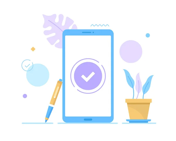 Häkchen Setzen Handy Mit Ticken Auf Dem Bildschirm Vektorillustration — Stockvektor