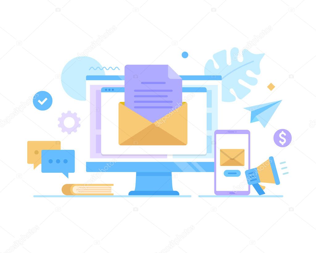 Email marketing. Computer and mobile phone with envelope on screen. Digital advertising, e-mail marketing, promotion, receiving and sending email concepts