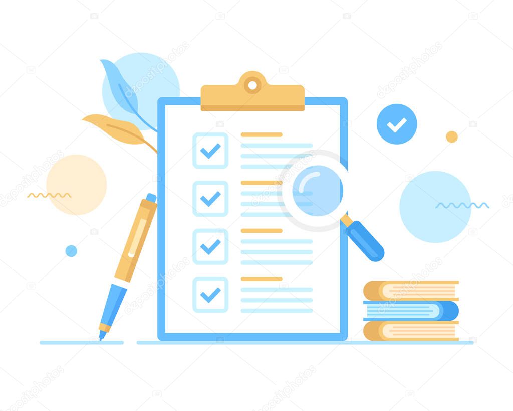 Checklist. Vector illustration. Clipboard and check list with check marks, pen, books and magnifying glass. Document, survey, agreement, report, form concepts