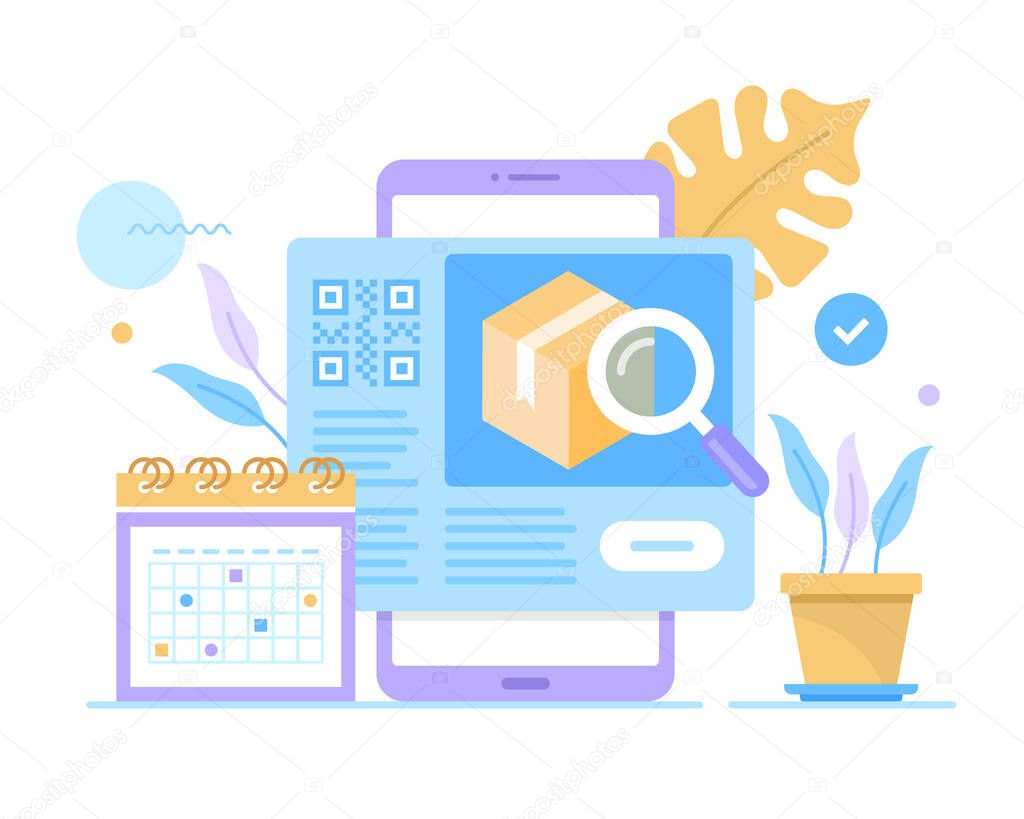 Package tracking app, delivery tracking. Mobile phone with calendar and delivery service website on screen and parcel with magnifying glass. Vector illustration
