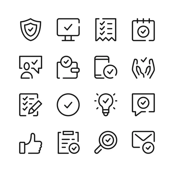 Comprueba Los Iconos Iconos Línea Vectorial Conjunto Símbolos Contorno Simple — Vector de stock