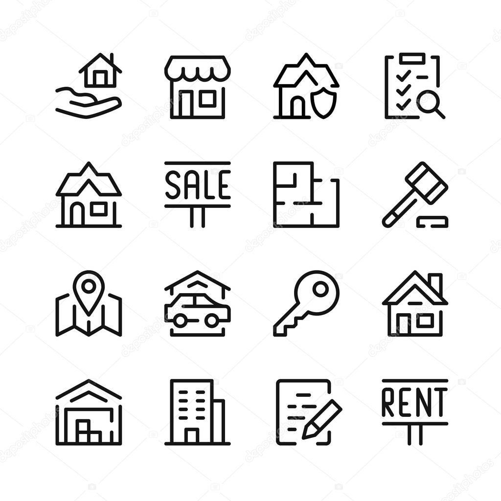 Real estate icons. Vector line icons. Simple outline symbols set