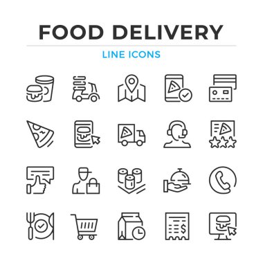Yemek dağıtım hattı simgeleri ayarlandı. Modern taslak elementler, grafik tasarım konseptleri, basit semboller koleksiyonu. Vektör satırı simgeleri