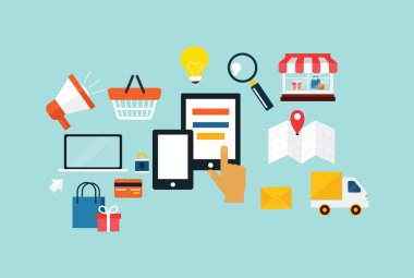 Stok vector düz Infographic Online düz simge seti satın alma