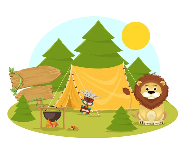 Voorraad vector platte camping in bos cartoon afbeelding — Stockvector