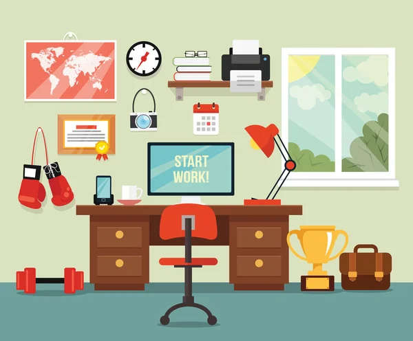 Lugar de trabajo en la habitación. Ilustración plana del vector — Vector de stock