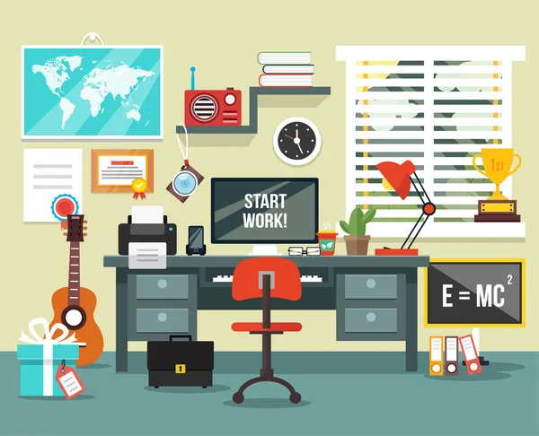 Lugar de trabajo en la habitación. Ilustración plana del vector — Vector de stock